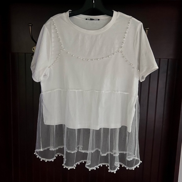 ON 12TH Empire Waist Pearl Beaded Sheer Mesh Overlay Peplum Tee Top T-Shirt Sz M - Picture 4 of 10